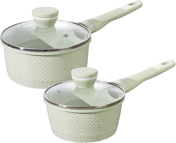 1.5QT+2.0QT Non Stick Sauce Pan Set with Glass Lids, Granite Coating PFOA/PFAS Free & Dishwasher Safe, Induction Compatible for All Cooktops, Multipurpose Cooking Pot for Soup, Pasta, Vegetables