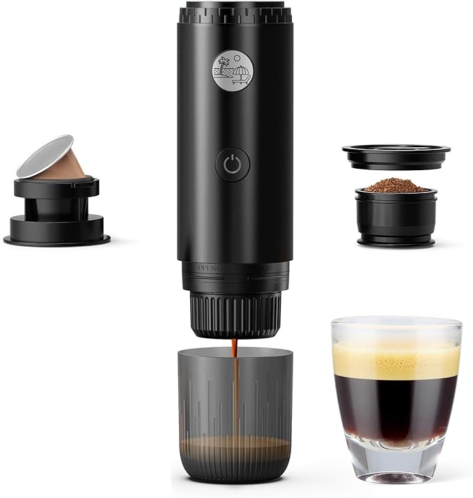 Portable 2-in-1 Coffee Maker, Portable 19 Bar Espresso Machine with Automatic Heating, Compatible with NS and Ground Coffee for Camping, Hiking Travel and Home (Black)