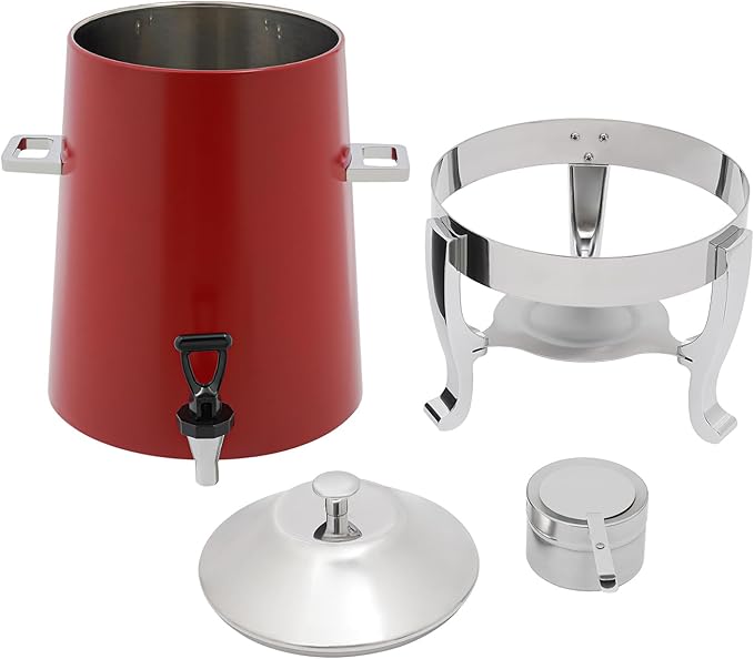 Coffee Urn with Fuel Holder 3.5 Gal/13L, Stainless Steel Beverage Dispenser Hot Drink Dispenser with Stand, Tea Water Coffee Chafer Urn for Parties Buffet Catering Commercial Home (Silver, Red)