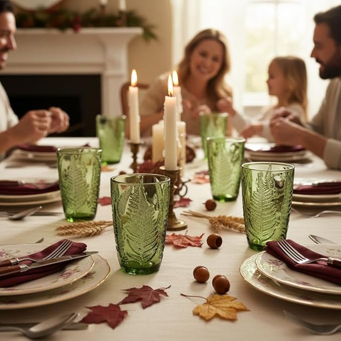 Green Drinking Glasses Set Of 4-12 Oz Hand Blown Vintage Drinking Glasses, Boho Aesthetic Antique Glassware, Colored Cute Glass Cups, Textured Highball Water Tumbler, Unique Retro Drinkware Gift