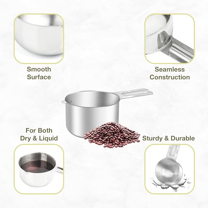 1PCS 2/3Cup (160ml, 5.3oz) Single Measuring Cup, Etched Inner Scale Stainless Steel Measure Scoop, Metric and US Measurement, Dishwasher Safe