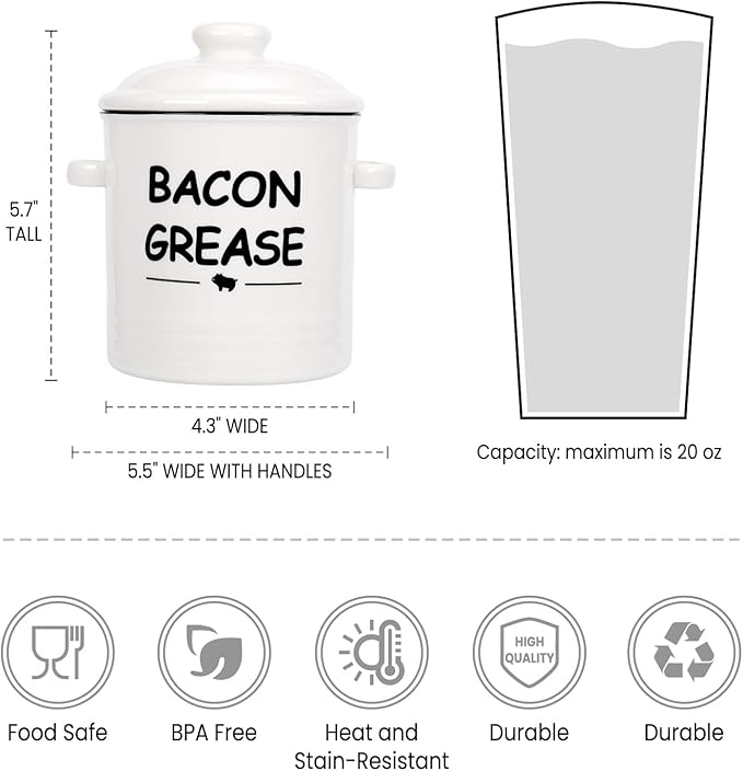 SOLIGT Ceramic Bacon Grease Container with Strainer - 600ml / 20oz Farmhouse Bacon Grease Keeper with Easy-Grip Handle, Bacon Fat Can for Grease Drippings and Storage - Creamy-white