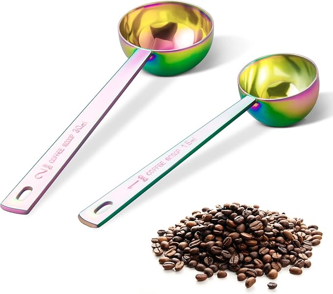 Premium coffee scoop set, set of 2, Metal stainless steel long handle coffee scoop, measuring coffee spoons contains 1 tablespoon (15 ml) and 2 tablespoons (30 ml) multicolor spoon
