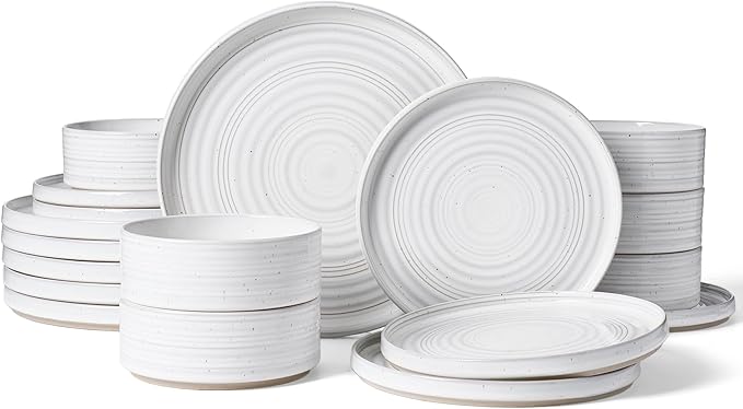 Plates and Bowls Sets for 6, Famiware Premium 18-Piece Stoneware Dinnerware Set, Spiral Dish Set with Straight Rim, Speckles & Reactive Glaze - Microwave & Dishwasher Safe Tableware, White