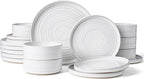 Plates and Bowls Sets for 6, Famiware Premium 18-Piece Stoneware Dinnerware Set, Spiral Dish Set with Straight Rim, Speckles & Reactive Glaze - Microwave & Dishwasher Safe Tableware, White