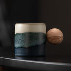 2-Oz Ceramic Espresso Cups with Wood Handle, 2/4-Piece Set for Coffee, Tea, Latte - Dishwasher Safe, Multi-Color & Wood Styles, Gift & Café Use (Kiln turning blue, Round Handle2)