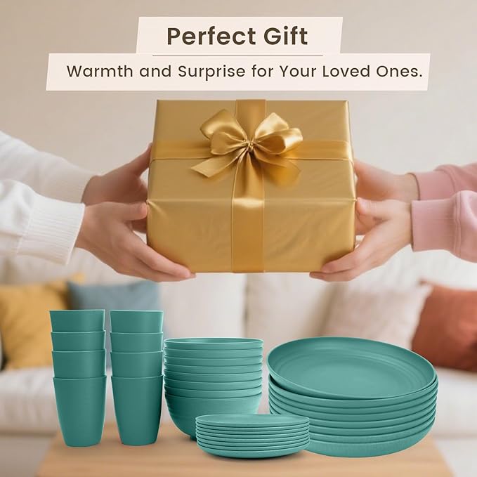 Homienly Wheat Straw Dinnerware Sets, Plates and Bowls Sets, 32-Piece Dish Set for 8, Service for 8, Unbreakable LIghtweight Dinnerware Set for Camping, Outdoor, RV, Microwave & Dishwasher Safe- Green