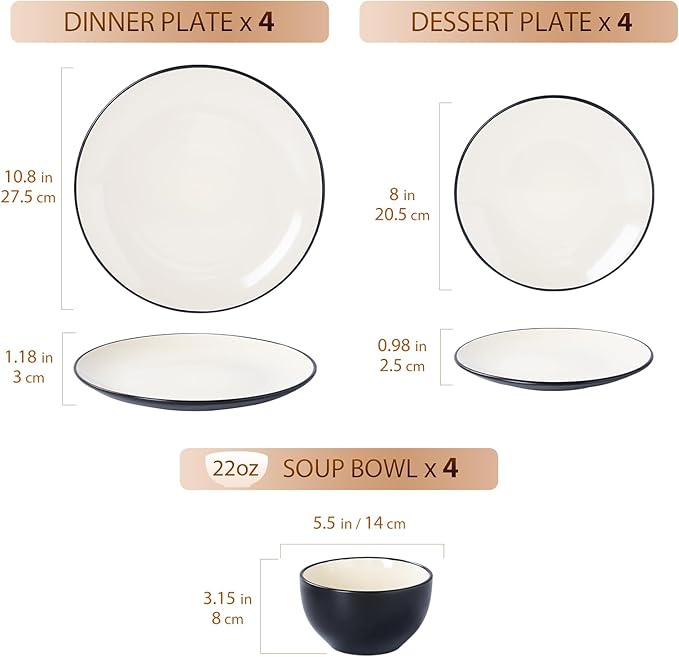 Plates and Bowls Sets for 4 - CJDC-QUELO 12-Piece Stoneware Dinnerware Sets, Ceramic Dishware Set for Indoor Kitchen Use and Formal Dining, Chip and Scratch Resistant Microwave Dishwasher Safe, Ivory