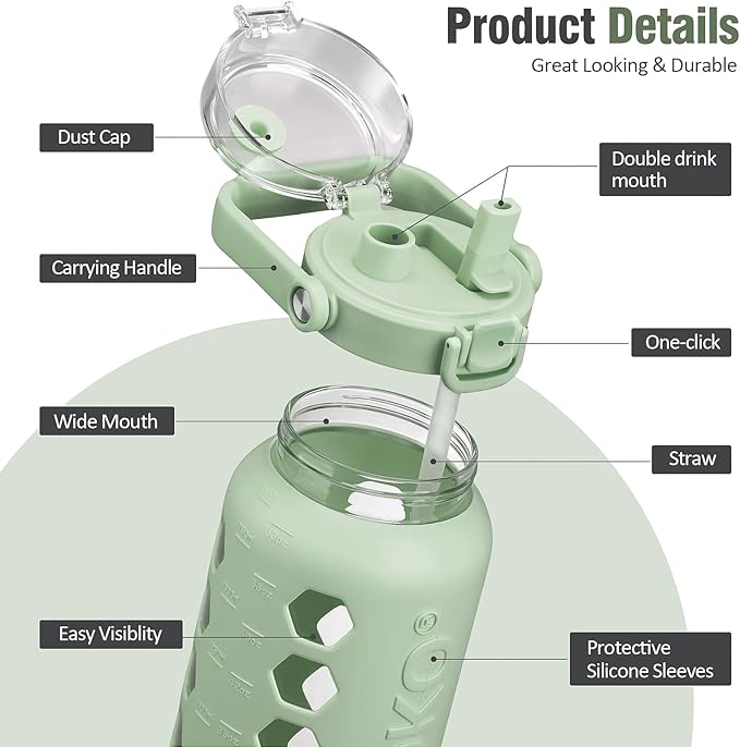 MUKOKO Half Gallon/64 oz Glass Water Bottles with Straw and Lid,Motivational Water Jug with Time Marker Reminder and Silicone Sleeve,100% Leakproof BPA Free Fitness Sports Large Bottle-Green