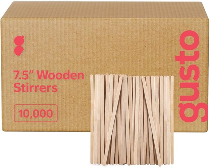 GUSTO [Case of 10,000] 7.5 Inch Wooden Coffee Stirrers - Wood Stir Sticks, Biodegradable, Eco-Friendly Wood Stirrers for Coffee & Cocktails -(Formerly Comfy Package)