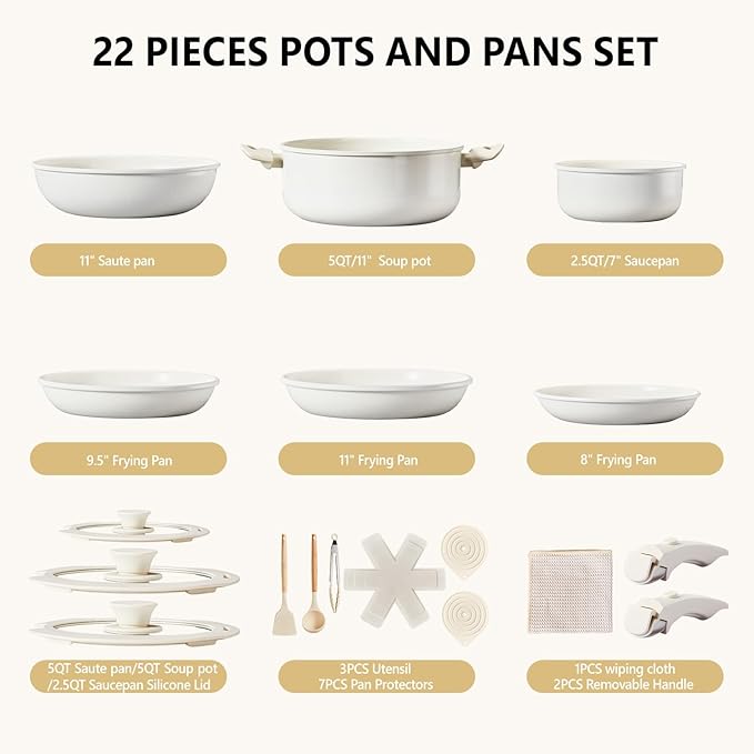 ROVSUN 22 Pcs Nonstick Pots and Pans Set, Cast Aluminum Kitchen Cookware Set with Detachable Handles, RV Kitchen Cooking Set and Utensils, Dishwasher Safe, PFAS PFOA & PFOS Free, Cream White