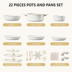 ROVSUN 22 Pcs Nonstick Pots and Pans Set, Cast Aluminum Kitchen Cookware Set with Detachable Handles, RV Kitchen Cooking Set and Utensils, Dishwasher Safe, PFAS PFOA & PFOS Free, Cream White