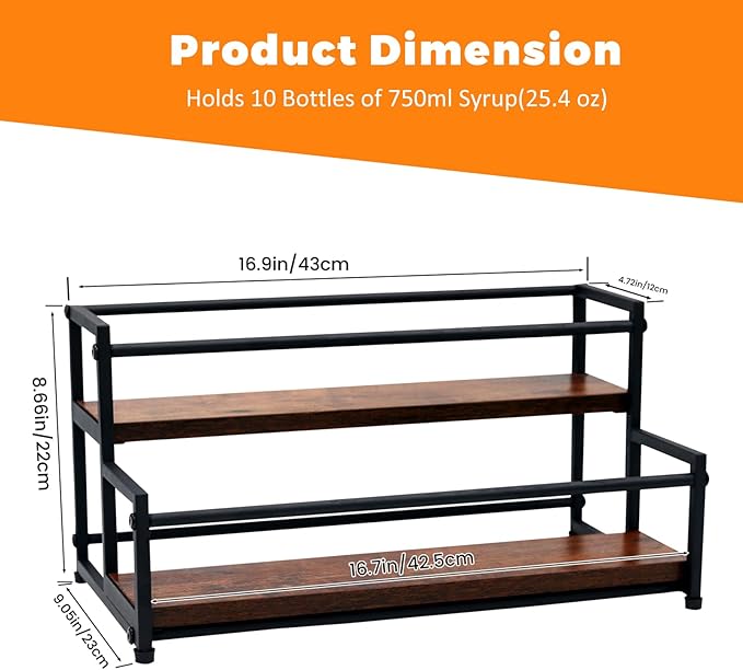 Coffee Syrup Rack Organizer - 2-Tier 10 Syrup Bottles Holder for Coffee Bar, Liquor Bottle Display Shelf - Rustic Kitchen Cabinet for Spices, Jars - Stepped Pantry Shelf for Syrup, Wine, Tea & Coffee