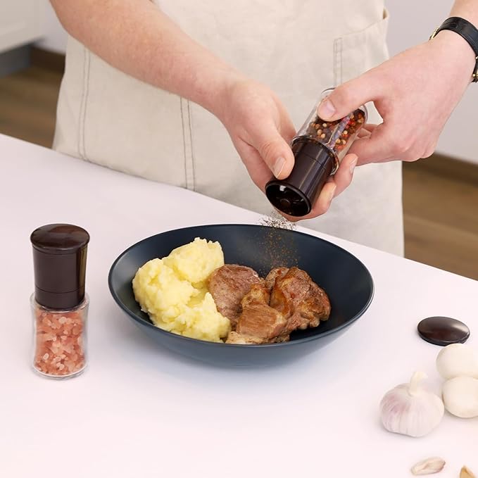 Vzaahu Salt and Pepper Grinder Set Brown, Refillable Small Shakers, Adjustable Coarseness, Ceramic Burr, Peppermill, Kitchen Cooking