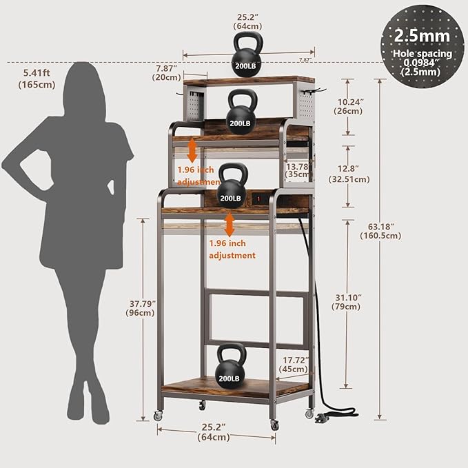 4-Tier Mini Fridge Stand with Storage,Mini Fridge Cabinet with Power Outlet,Pegboard,Bakers Rack with Storage Shelf,Microwave Oven Stand,Mini Fridge Shelf for Dorm(Vintage Brown)