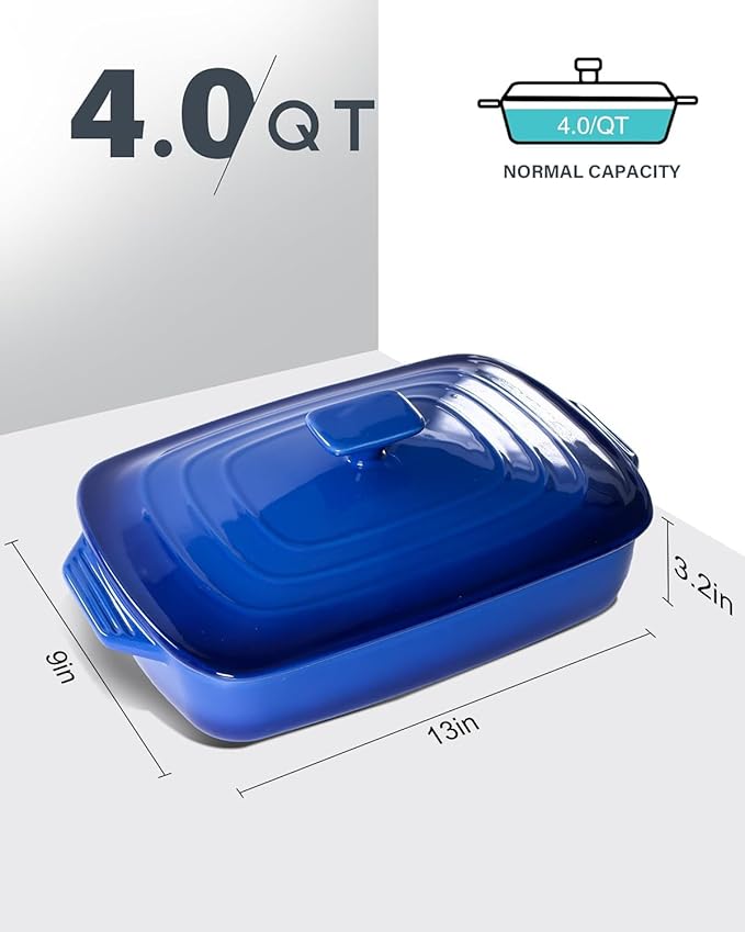 Lareina Large Ceramic Casserole Dish with Lid, 4.0 Quart Covered Rectangular Stoneware Baking Dishes for Oven, Deep 9x13 Inch Lasagna Pans for Baking and Serving, Perfect for Christmas Gifts, Blue