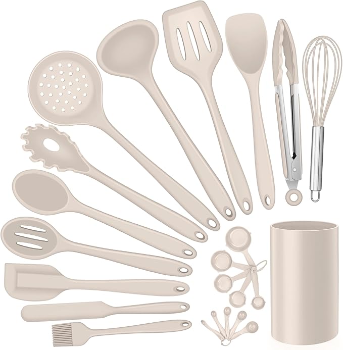 Silicone Kitchen Utensils Set, E-far 23 Pcs Khaki Cooking Utensils Tools with Holder for Nonstick Cookware, Include Spatula/Spoon/Ladle/Tongs/Turner, Heat Resistant & Nontoxic, Dishwasher Safe