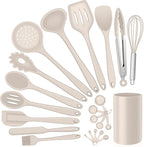 Silicone Kitchen Utensils Set, E-far 23 Pcs Khaki Cooking Utensils Tools with Holder for Nonstick Cookware, Include Spatula/Spoon/Ladle/Tongs/Turner, Heat Resistant & Nontoxic, Dishwasher Safe