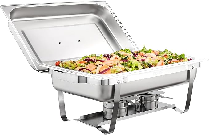 VEVOR Chafing Dish Buffet Set, 8 Qt 4 Pack, Stainless Chafer with 4 Full Size Pans, Rectangle Catering Warmer Server with Lid Water Pan Folding Stand Fuel Tray Holder Spoon Clip