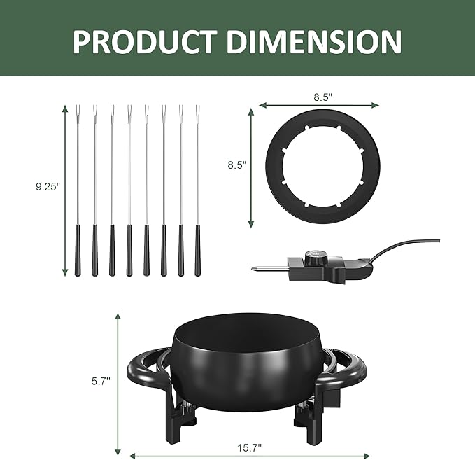 Electric Fondue Pot Set, 3 Quart Fondue Set for Melting Chocolate Cheese with 8 Color-Coded Forks, Adjustable Temp Control, 1000W Non-Stick Fondue Maker for Dessert, Broth and Oil