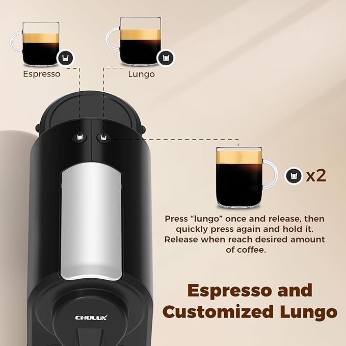 CHULUX Mini Espresso Machine, 20 Bar Single Cup Coffee Maker, Dual Brew Modes for Espresso and Lungo, 1400W Fast Brewing, Mystic Black (Upgrade Model)