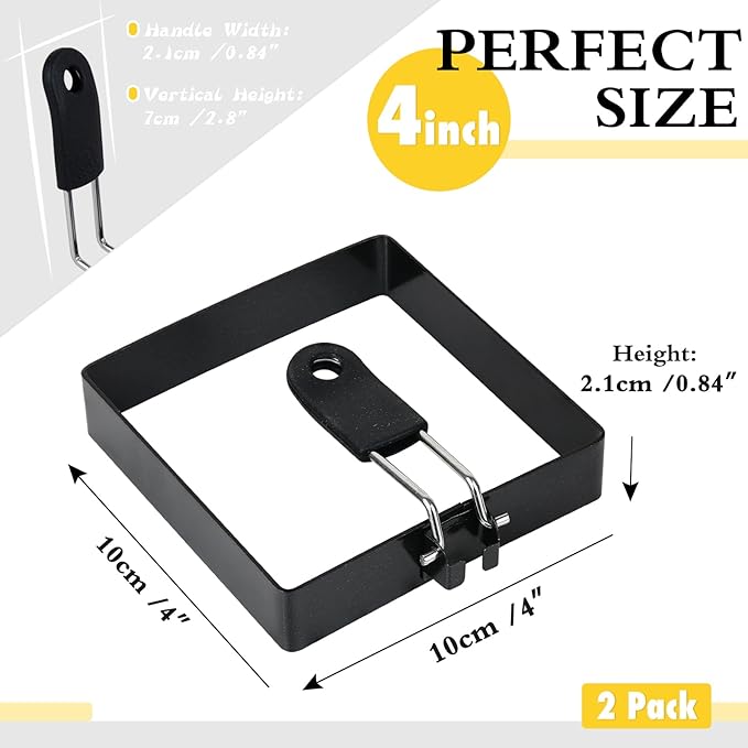2-Pack 4'' Square Egg Rings Set, Silicone Handle, Stainless Steel, Nonstick, For Frying Eggs
