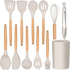 E-far Kitchen Utensils Set of 12, Silicone Cooking Utensils with Holder, Non-stick Cookware Friendly & Heat Resistant, Includes Spatula Tong Whisk Ladle Brush Slotted Turner Spoon(Khaki)