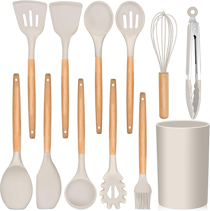 E-far Kitchen Utensils Set of 12, Silicone Cooking Utensils with Holder, Non-stick Cookware Friendly & Heat Resistant, Includes Spatula Tong Whisk Ladle Brush Slotted Turner Spoon(Khaki)