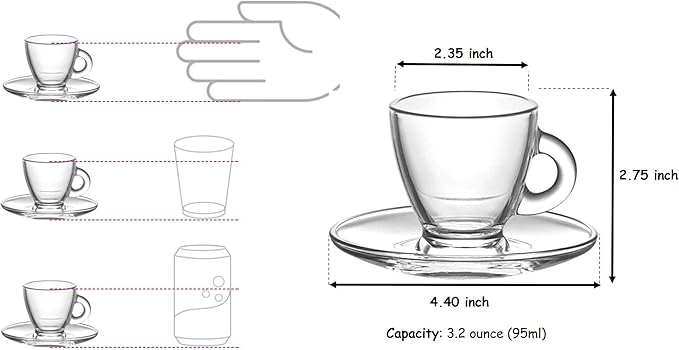BOHEM'S Espresso Cups, 3.2 oz Small Demitasse Clear Glass Espresso Drinkware, Set Of Cups, Saucers and Stainless Steel mini Spoons + Free Glass Spoons (Set of 6)
