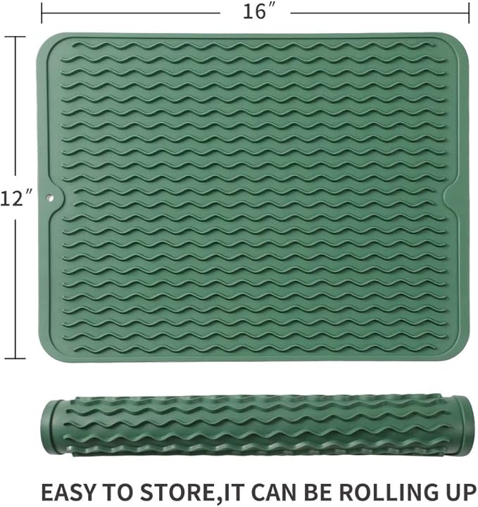 Silicone Dish Drying Mat for Multiple Usage,Easy clean,Eco-friendly,Heat-resistant Silicone Mat for Kitchen Counter or Sink,Refrigerator or drawer liner Green L 16 inches x 12 inches