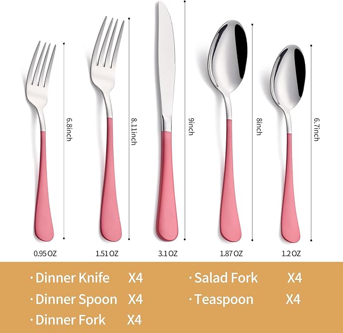 20-Piece Pink Silverware Set 18/0 Stainless Steel Silverware Set Pink Handle Cutlery Set Service for 4 Dinner Knives Forks Spoons Set Flatware Set Finish Dishwasher Safe
