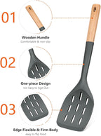 Pack of 2 Silicone Spatula, Non Stick Cooking Utensil Set Wooden Handle Kitchen Turner for Baking Mixing Grilling Serving Food Heat Resistant Non Scratch Hooks Included (Grey)