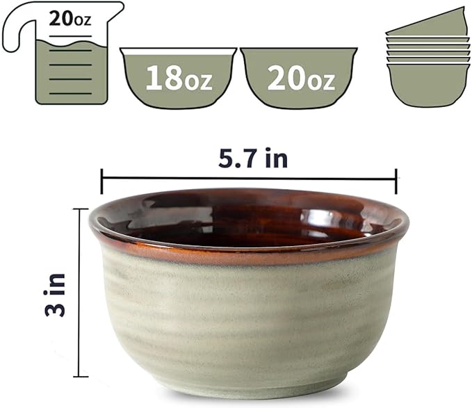 MEKY 20oz Ceramic Cereal Bowls Set of 6, Stackable Soup Bowls for Oatmeal, Ice Cream and Pasta Everyday Use, Microwave & Dishwasher Safe, Modern & Durable, Brown