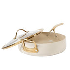 bloomhouse - Two Time Oprah's Favorite Things Winner - 6 QT Heavy Duty Aluminum Premium PFA Free Ceramic Nonstick Saute/Deep Frying Pan Skillet with Lid - Almond Cream w/Gold Handle