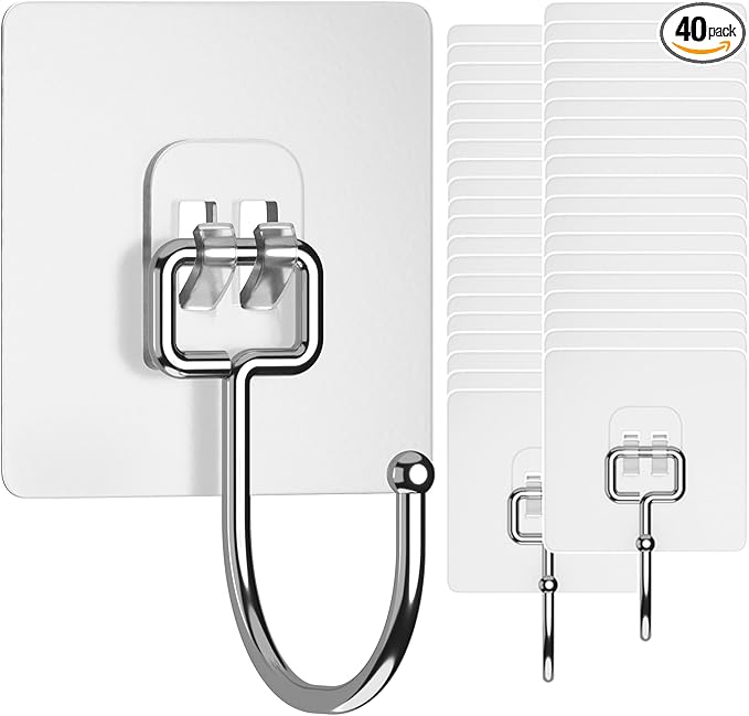 GLUIT Adhesive Large Wall Hooks for Hanging Heavy Duty 22 lbs Hook for Walls No Damage (40 Large Hooks)