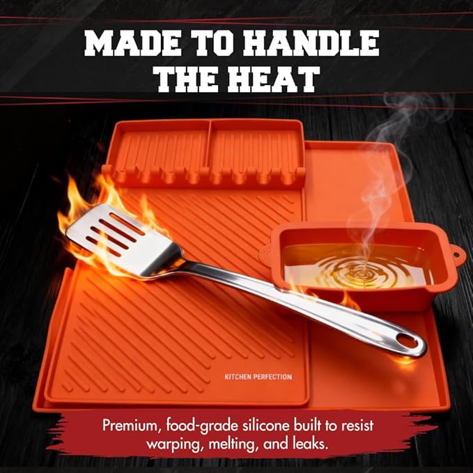 KITCHEN PERFECTION Ultimate Kit for Blackstone Griddle 28 Inch - Silicone Griddle Cover Mat + Griddle Accessories Mat + 2 PCS Silicone Grease Cup Liners Hermetic Protection from Rust & Debris All Year