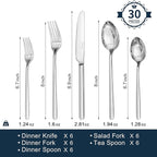 KINGSTONE 30 Pieces Silverware Set, Flatware Cutlery Set for 6, 18/10 Stainless Steel Silverware Utensils Minimalist Design Dishwasher Safe