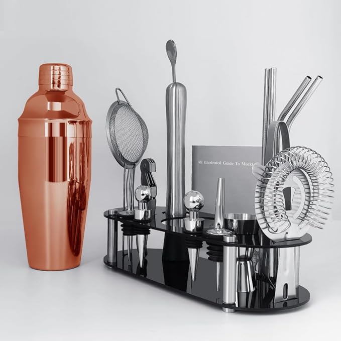 Cocktail Shaker Set Bartender Kit with Stand - 16 Piece Bar Tool Set Drink Mixer Set Includes : Shakers, Jigger, Strainer, Mixer Spoon, Muddler, Liquor Pourers, Straw (Rose Gold)