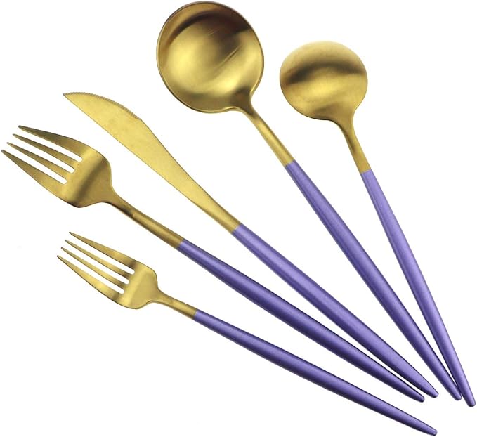 Gugrida Royal 20 Piece Matte Purple Handle 18/10 Stainless Steel Tableware Sets for 4 Including Forks, Spoons, Knives, Camping Silverware Travel Utensils Set Cutlery