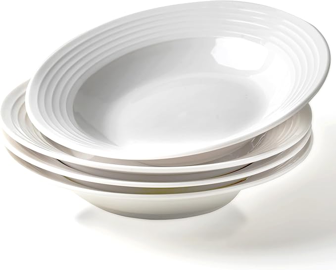 8.7-inch Wide Rim Ceramic Soup Bowl - Lead-Free White Pasta Bowls for Spaghetti, Salad, Stew, Rice Microwave & Dishwasher Safe - Scratch-Resistant & Heatproof Design Set of 4