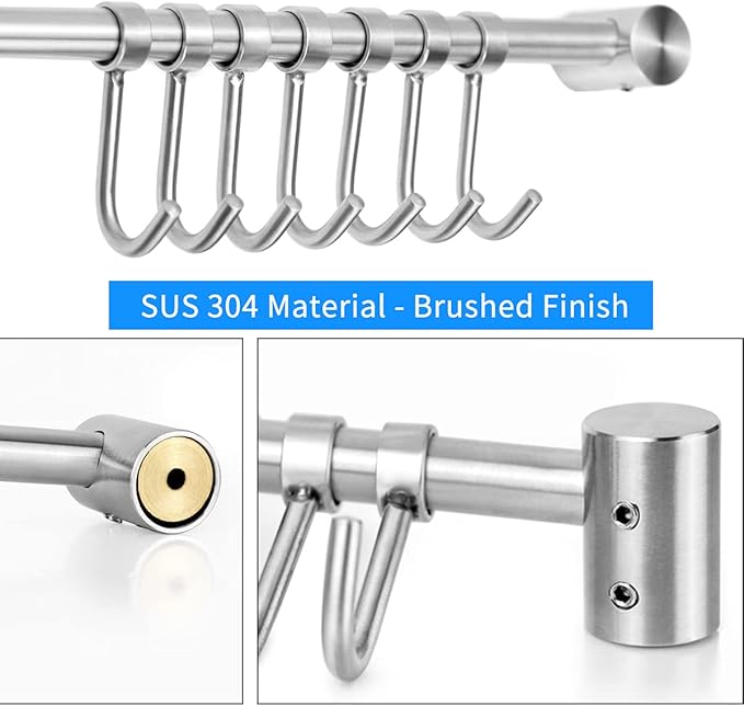 15.6 Inch Wall Mounted Pots and Pans Hanging Rack, 304 Stainless Steel, Rust Resistant, Space Saving, Easy Installation, 7 Sliding Hooks, 1 Pack