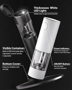 Upgraded Larger Capacity Electric Salt and Pepper Grinder Set Rechargeable with LED lights, Stainless Steel Automatic Pepper and Salt Grinder Refillable with 5 Adjustable Coarseness Black - White