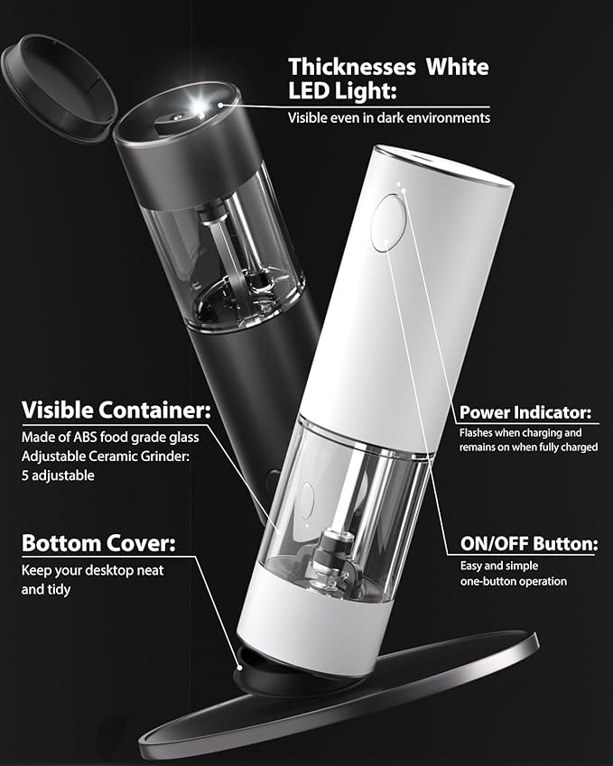 Upgraded Larger Capacity Electric Salt and Pepper Grinder Set Rechargeable with LED lights, Stainless Steel Automatic Pepper and Salt Grinder Refillable with 5 Adjustable Coarseness Black - White