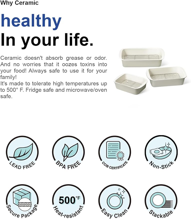 LE TAUCI Deep Casserole Dishes for Oven, 13.7”x9.6” Ceramic Baking Dish Set with Roasting Racks, Large Lasagna Pans with Handles, Rectangular Bakeware as Gift for Mom, Oatmeal Greige (4.6QT/3.0QT/1.6QT), Set of 3