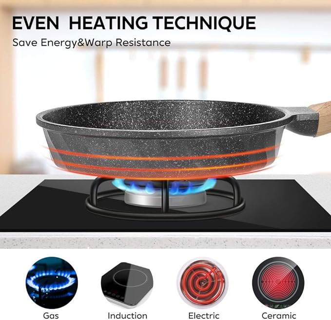 Non Stick Frying Pan Set - Stone Skillet Set, Kitchen Omelette Pans, Induction Chef' Pan Grainte Cookware Set, Nonstick Frying Pans with Lid(8inch&9.5inch&11inch)