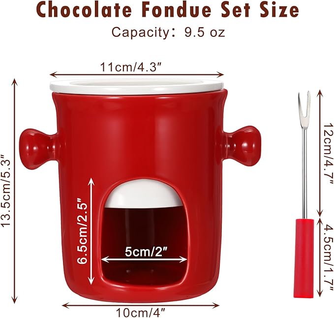 BSTKEY 280ML Ceramic Butter Warmer Set with 2 Forks, Fondue Pot Melting Pot Set, Melt Hot Pot Bowl Set for Cheese Chocolate Butter Caramel (Red)