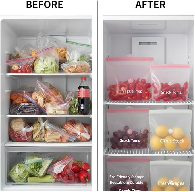 Reusable Silicone Food Storage Bags – Premium Eco-Friendly Multi-Size Set (650ml/1300ml/2000ml), Leakproof, BPA-Free, Freezer & Microwave Safe, Dishwasher Friendly (White(Clear))