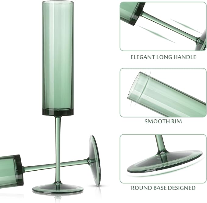 6 Pack Acrylic Dark Green Wine Glasses Green champagne glasses Champagne Flutes Sparkling Wine Glasses Wine Goblets Wedding Glassware Set Drinkware Glasses for Wedding Bar Celebration Baby Shower