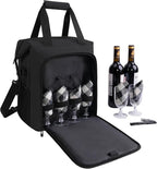 ALLCAMP 6 Bottle Wine Gift Bag - Insulated Tote Cooler, Adjustable Strap, Includes 6 Wine Glasses, Napkins & Corkscrew, Portable Travel Gifting(Black)