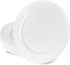 Neaylfe 10 inch Ceramic Dinner Plates, Set of 6, Embossed White Salad Plates, Round Kitchen Dining Plates for Restaurant, Porcelain Serving Dishes for Lunch, Pizza, Buffet, Steak, Bread